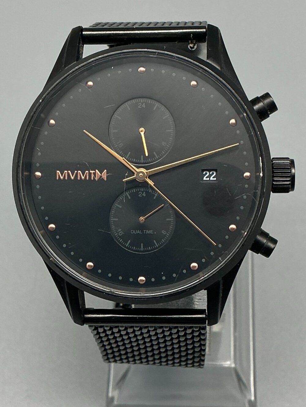 MVMT Voyager Black Rose Watch Men 42mm Dual Time Zone Mesh Band New Battery